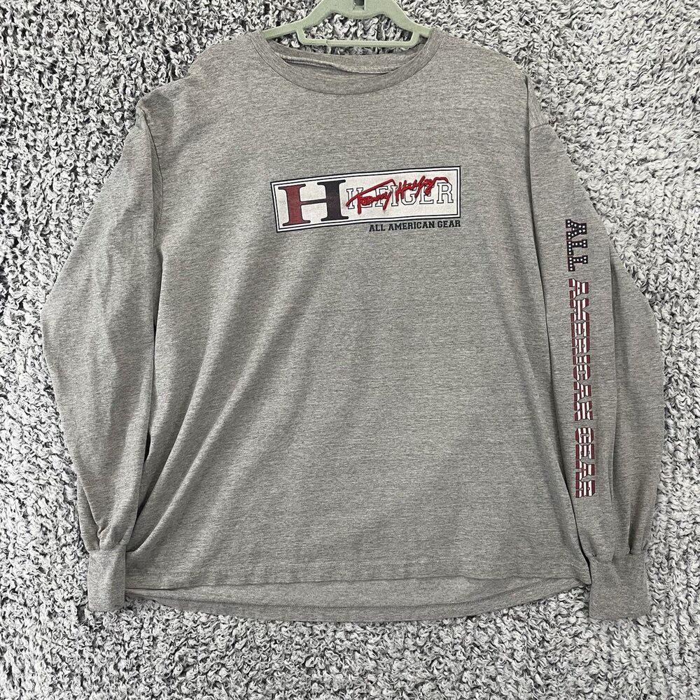 Vintage Y2K Tommy Hilfiger Jeans Company Spell Out Logo Long Sleeve Grey Tee XL
